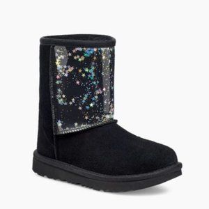 UGG Classic II Clear Glitter Stars Black Boots Kids Size 6 = Women's Size 7 NWOB